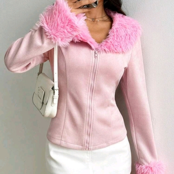 Women Faux Suede Furry Collar Long Sleeve Jacket, For Autumn And Winter